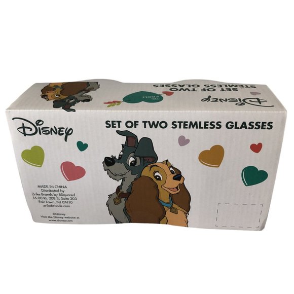 Disney Stemless Wine Glass Set Lady & The Tramp Set of 2 NEW - Picture 6 of 9